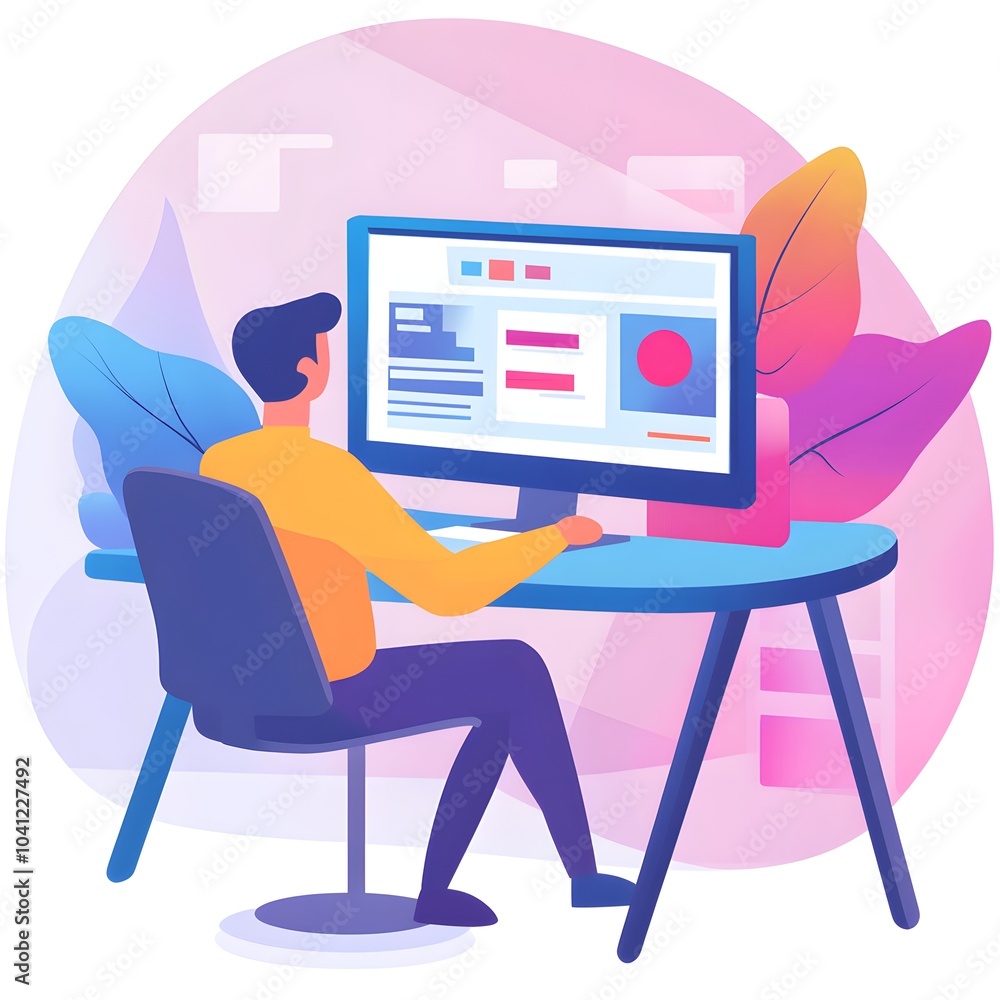 Poster man working on computer with website design on screen