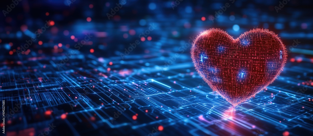 Poster digital heart glowing in binary code, futuristic technology background
