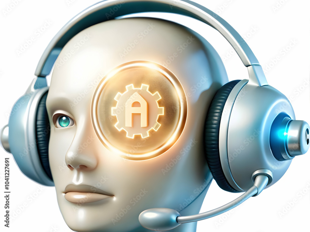 Poster close-up headset ai symbol glowing macro shot customer support integration ai services ample copy sp