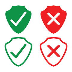Obraz premium Shield with check mark and cross mark icon set. Protection and unprotection, green shield checkmark & red shield cross in eps 10.