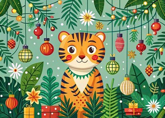 Cute Tiger Advent Calendar - Festive Holiday Illustration for Merry Christmas Cards