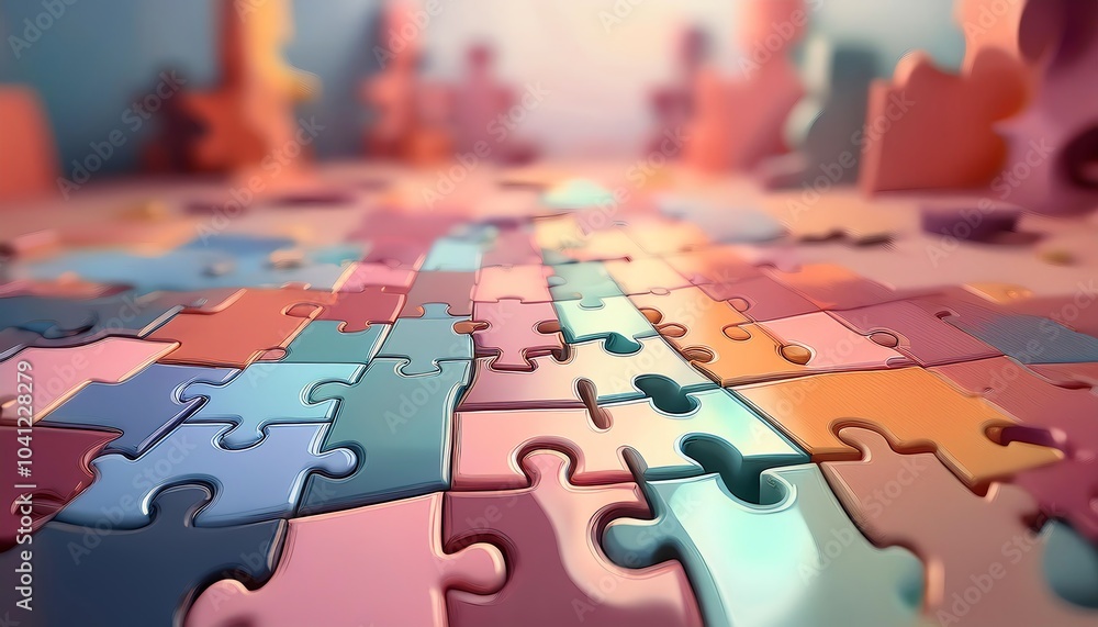 Poster a colorful collection of interlocking puzzle pieces spread across a surface, showcasing a blend of p