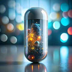 Bokeh Digital Art Pill Bottle Emitting Digital Particles Abstract Image Concept Innovating Pharmaceuticals with Copy Space for Creativity and Marketing in Stock Photography