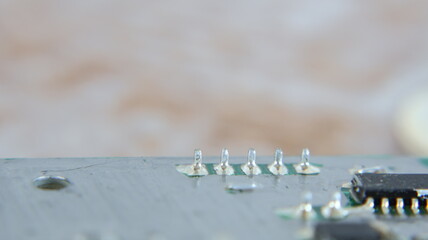 Various capacitors Focus on first floor Circuit board power supply with electrical components