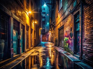 Fototapeta premium Dark Alley Night Scene - Low Light Photography of a Dangerous Urban Walkway