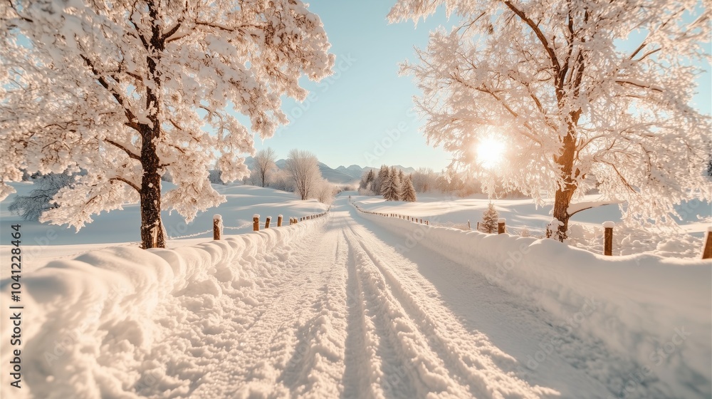 Poster a snow covered road with a fence on the side. the road is empty. there are two trees on the side of 