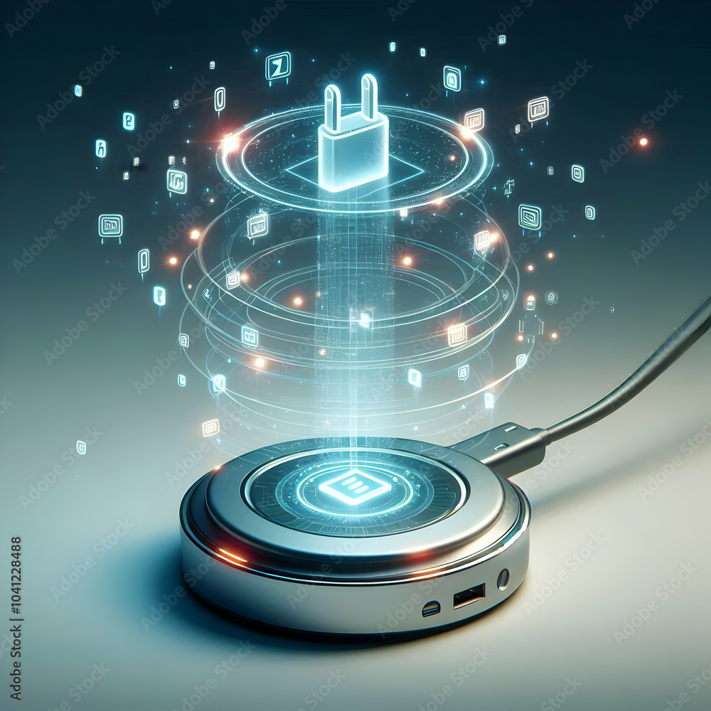 Poster 3d floating wireless charger with holographic data icons projection, minimalist design with copy spa