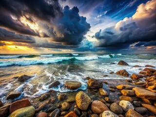 Obraz premium Dark Coastal Stones: A Dramatic Seascape on Gloomy Days