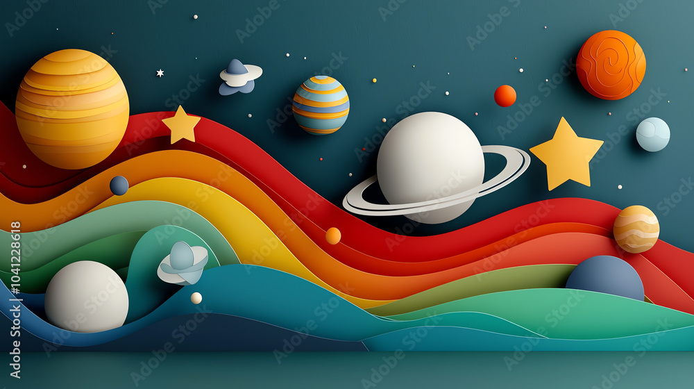 Poster a vibrant cosmic journey exploring the colorful universe with abstract planetary designs and fluid w