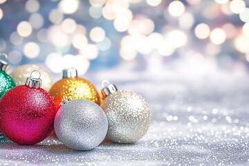 Colorful Christmas baubles on glittery background with bokeh