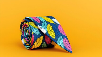 Colorful feather-patterned tie on vibrant yellow background