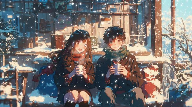 An anime couple enjoys the winter snow outside a cozy cafe, captured in a lo-fi style loop animation.