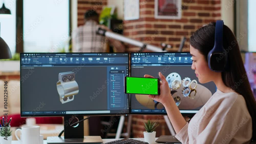 Poster creative professional uses 3d modeling software to design industrial prototypes, using copy space di