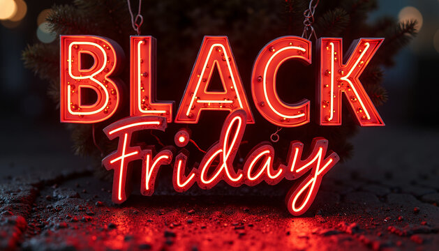 A photo of a red neon sign reading "Black Friday" with a Christmas tree in the background. The sign is illuminated, casting a soft glow on the surrounding space. - Powered by Adobe