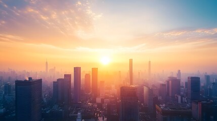 Fototapeta premium Vibrant Sunrise Illuminating City Skyline Symbolizing the Energy of New Beginnings in Urban Life