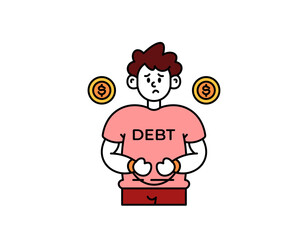 illustration of a man whose hands are tied or handcuffed. trapped in debt. confused to pay off debt. financial problems. facial expression. outline style character design. elements