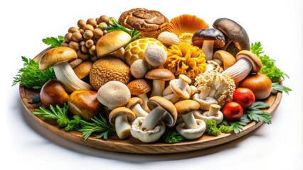 Fototapeta premium Delicious, fresh mushrooms arranged on a simple white plate, showcasing their unique shapes and colors, ideal for culinary stock photography and delicious recipe inspiration.