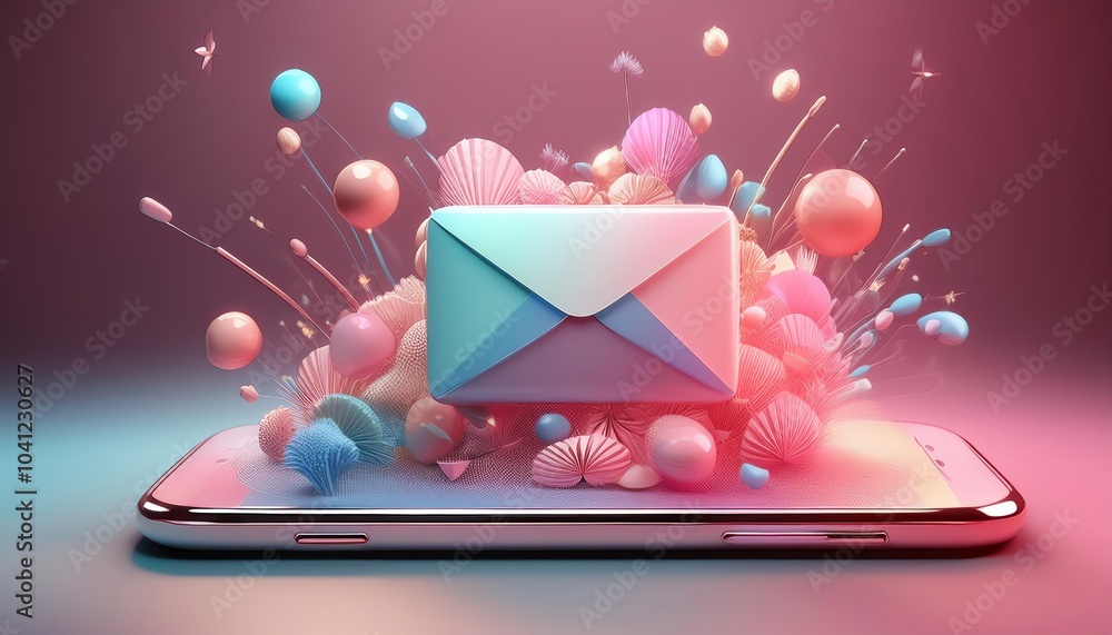Poster A vibrant phone displays an exploding envelope, symbolizing digital communication and creativity with colorful, abstract elements.