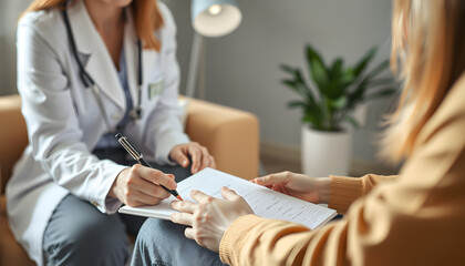 Fototapeta premium Female psychologist making notes on therapy session isolated with white highlights, png