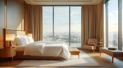 Fototapeta premium Modern hotel bedroom interior with bed, bench and armchair near panoramic window