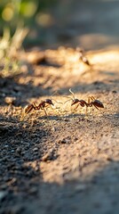 Fototapeta premium Ants Communicating Through Antennae on Dirt Path Insect Behavior in Nature