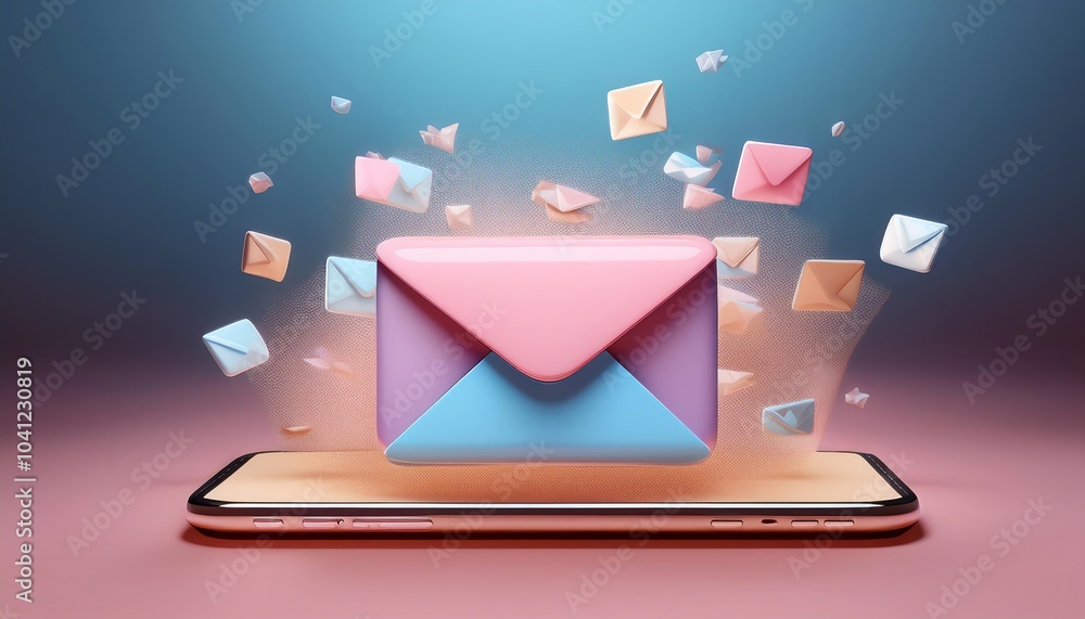 Poster a colorful envelope appears above a phone, surrounded by smaller mail icons, symbolizing digital com