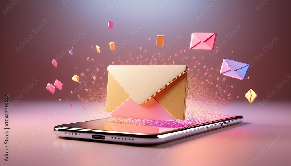 Poster a stylized envelope emerges from a smartphone, symbolizing digital communication, with colorful enve