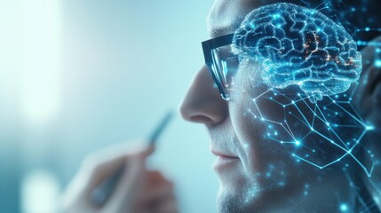 A thoughtful individual exploring the concepts of artificial intelligence and neural connections, showcasing a digital brain overlay.
