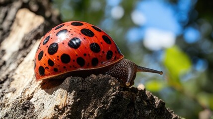 Fototapeta premium Vibrant Red Ladybug with Black Spots Crawling on Tree Bark in Sunlit Forest Environment