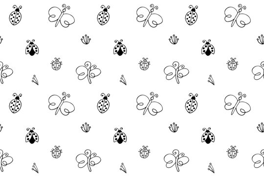 Seamless doodle spring pattern. Outline blossom, butterfly, cloud, ladybug illustration background