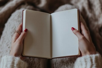 Hands holding an open lined notebook with red nails and cozy sweater
