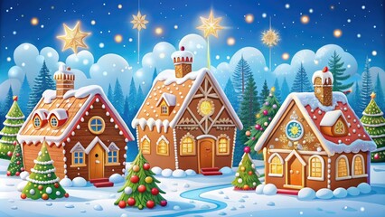 Fototapeta premium Delight in a whimsical gingerbread house scene, adorned with colorful candies and frosted roofs, creating a joyful winter wonderland perfect for Christmas celebrations.