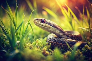 Obraz premium Delve into this stunning vintage photography of a snake amidst grass, showcasing the beauty of nature and inviting wildlife enthusiasts into the wild's intricate world.