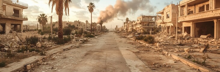 A street in a war zone with rubble and a palm tree. The street is empty. There is a fire in the background