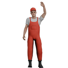 Male Mechanic Cartoon in 3D. A male mechanic stands with a greeting gesture. Engine Repair Illustration