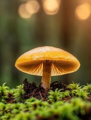Fototapeta premium Single mushroom adorned with dewdrops at dawn in a mystical forest, evoking enchantment and tranquility.