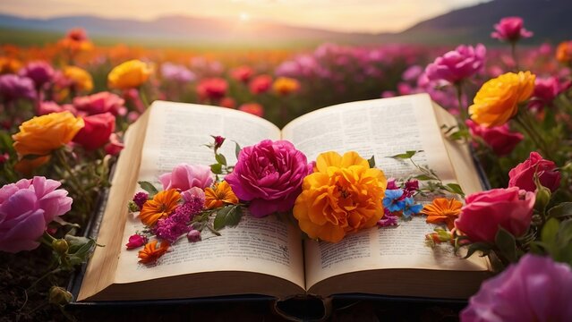 A vibrant floral border featuring a Bible verse, blending surreal nature photography with inspirational art. Ideal for decor, evoking faith, hope, and love through beautiful quotes.