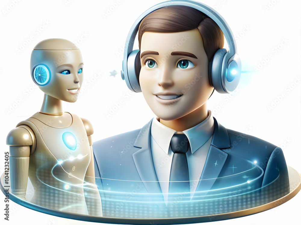 Poster glossy image customer service agent ai hologram collaboration human ai interaction customer support 