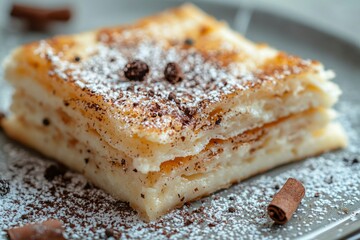 A Close-Up of a Layered Pastry Dessert with Powdered Sugar and Cinnamon