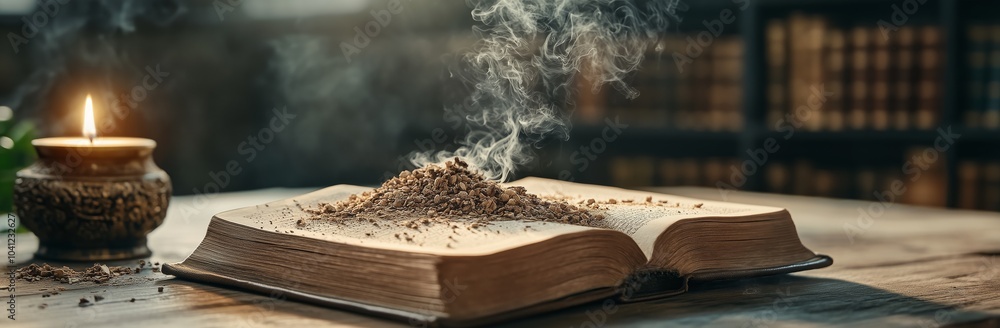 Poster a book is open on a table with a candle in front of it. the candle is burning and the smoke is risin