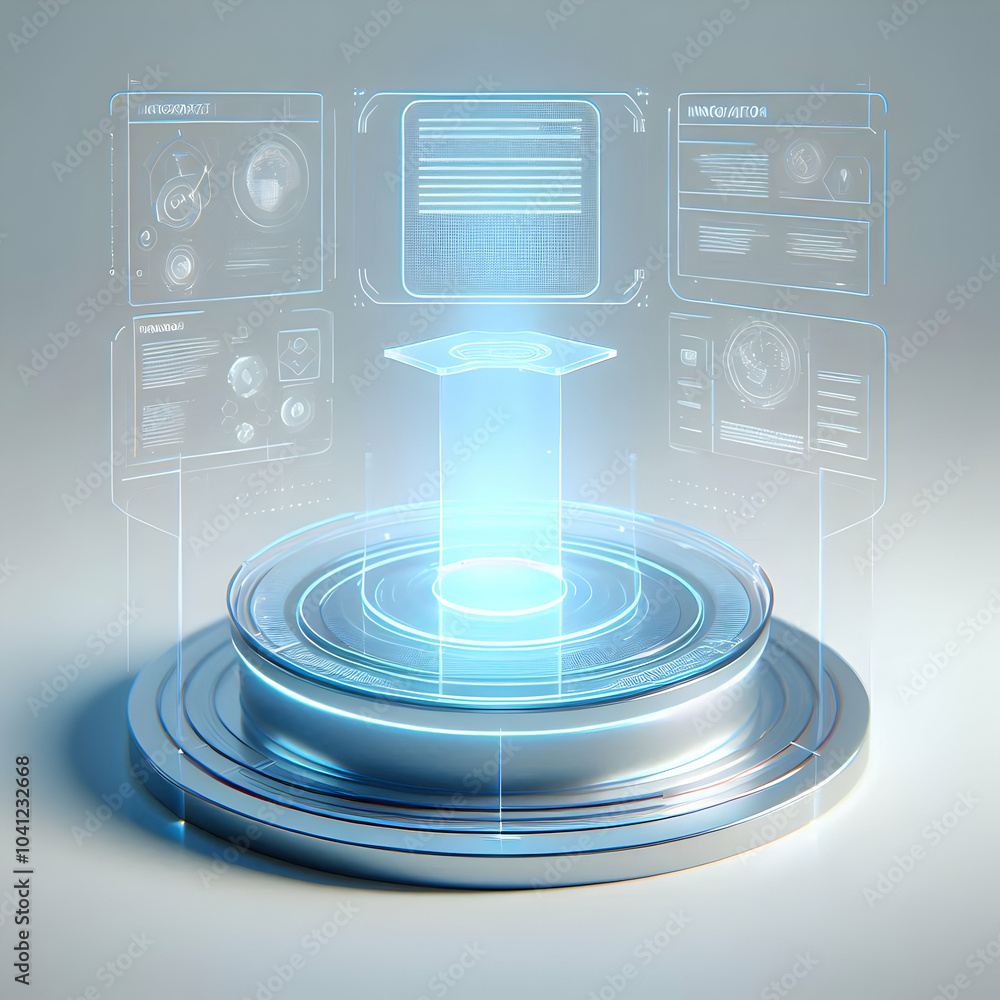 Poster 3d futuristic holographic podium floating text innovation camera pan sleek translucent design soft b