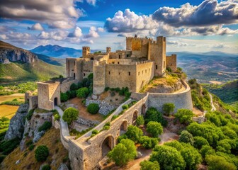 Obraz premium Discover the captivating Medieval Chlemoutsi Castle in Kastro, Greece; a striking photography haven for travel enthusiasts and history lovers, celebrating its architectural grandeur and historical sig