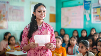 Woman Teacher Educating Girls About Hygiene with a Sanitary Pad..