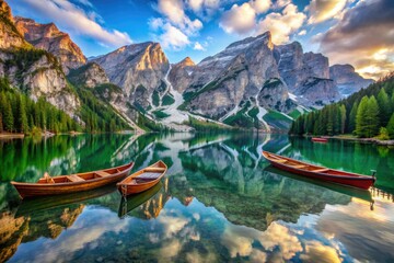 Obraz premium Discover the enchanting beauty of Braies Lake in the Dolomites, Sudtirol, Italy, where scenic boat rides offer stunning views and unforgettable experiences immersed in nature.