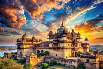 Fototapeta premium Discover the enchanting Surreal Royal Fort at Orchha, where history and architecture blend seamlessly, creating a dreamlike journey through time and artistry. Experience timeless beauty.