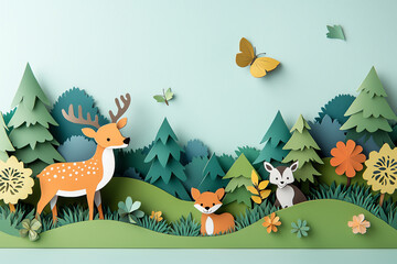 Whimsical forest scene featuring playful animals and vibrant flora in a paper-cut art style