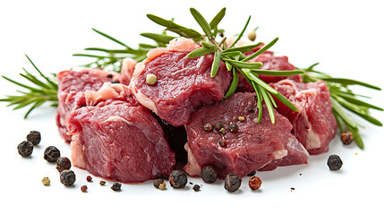 Fresh raw beef steaks placed on a white background, garnished with rosemary and black peppercorns.