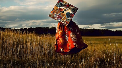 Floating Graduation Cap Surrounded by a Digital Landscape of Vibrant Knowledge Symbols Representing the Completion of Academic Achievements and the Pursuit of Higher Learning