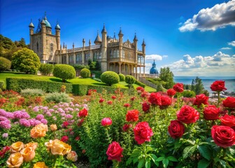 Discover the stunning panoramic scenery of Vorontsov Palace nestled among blooming gardens, showcasing Crimea's grandeur and the rich history of this remarkable location.