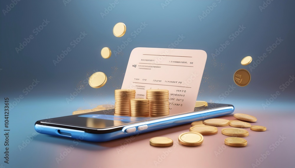 Poster a smartphone displaying a receipt with coins and stacks of coins around it, representing digital pay
